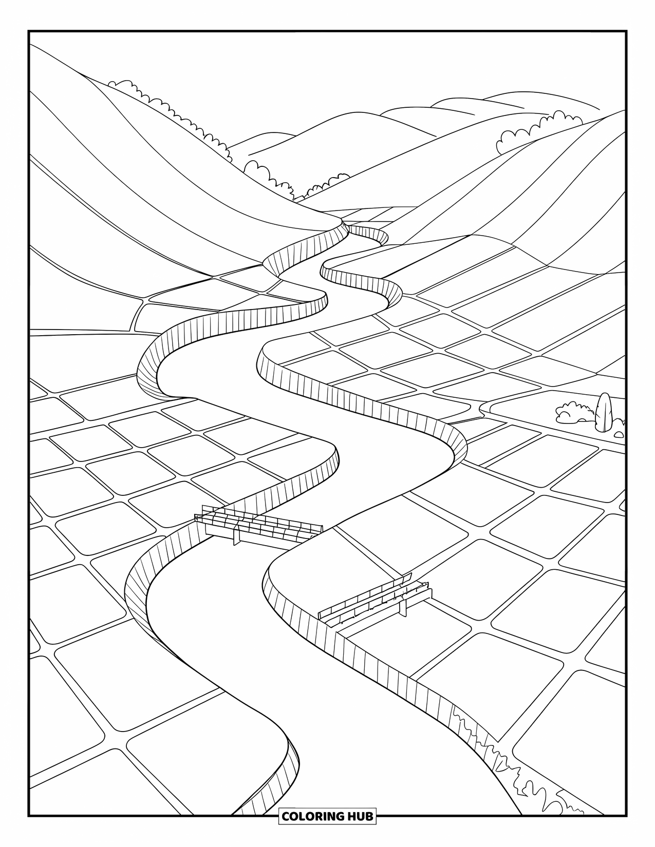 Calming Coloring Page for Adults: Zigzagging river divides small fields and bridges in a peaceful mountain scene