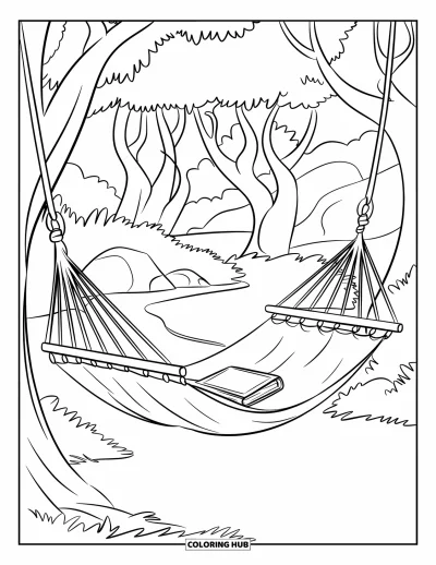 Coloriage apaisant pour enfants : Un livre repose dans un hamac qui se balance doucement, entouré d'arbres et de rochers