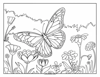 Coloriage apaisant pour enfants : Un papillon vole au-dessus d'un parterre de fleurs épanouies