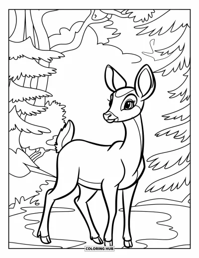 Coloriage apaisant pour enfants : Un cerf se tient paisiblement parmi les douces couches de la forêt brumeuse