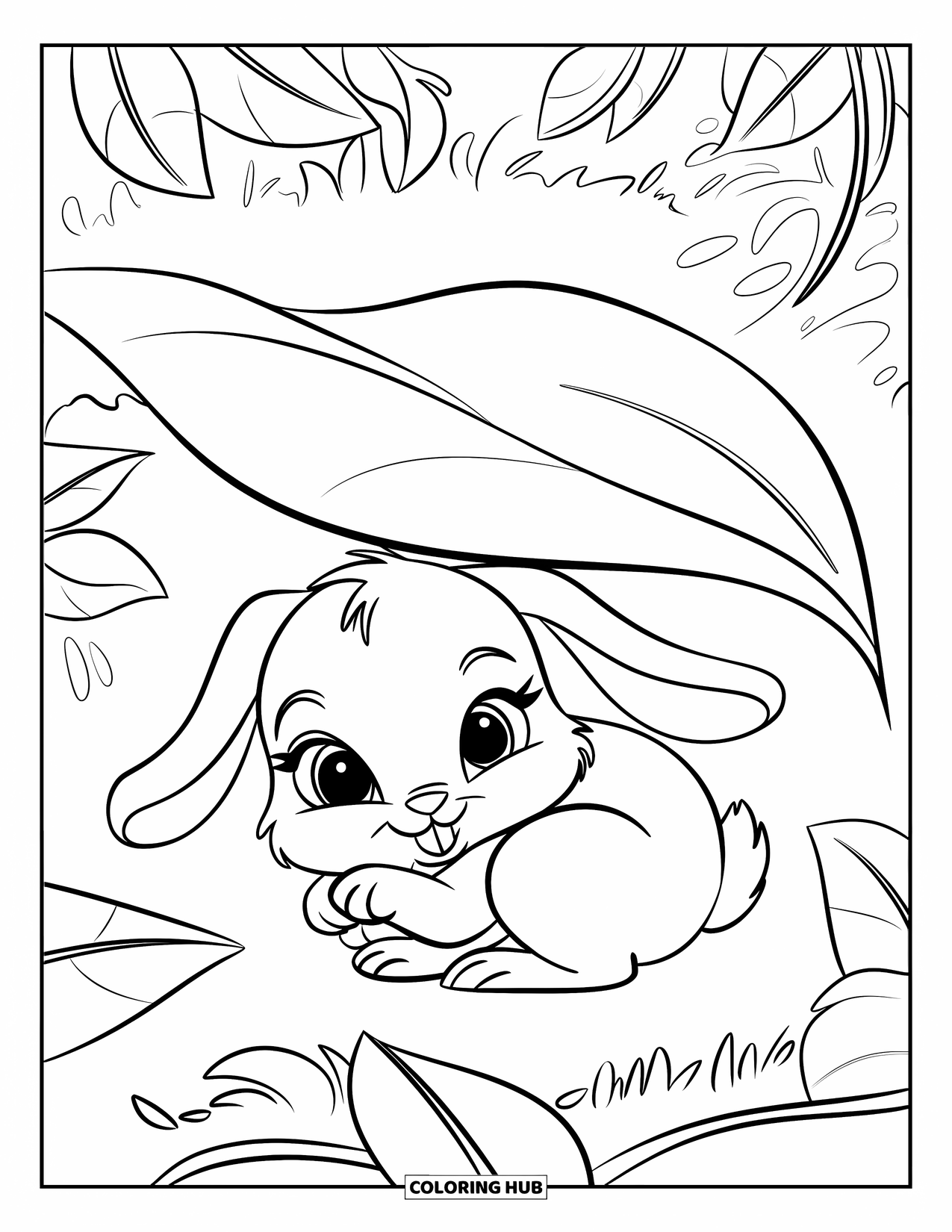 Calming Coloring Page for Kids: A floppy-eared bunny rests under a big leaf in a leafy forest
