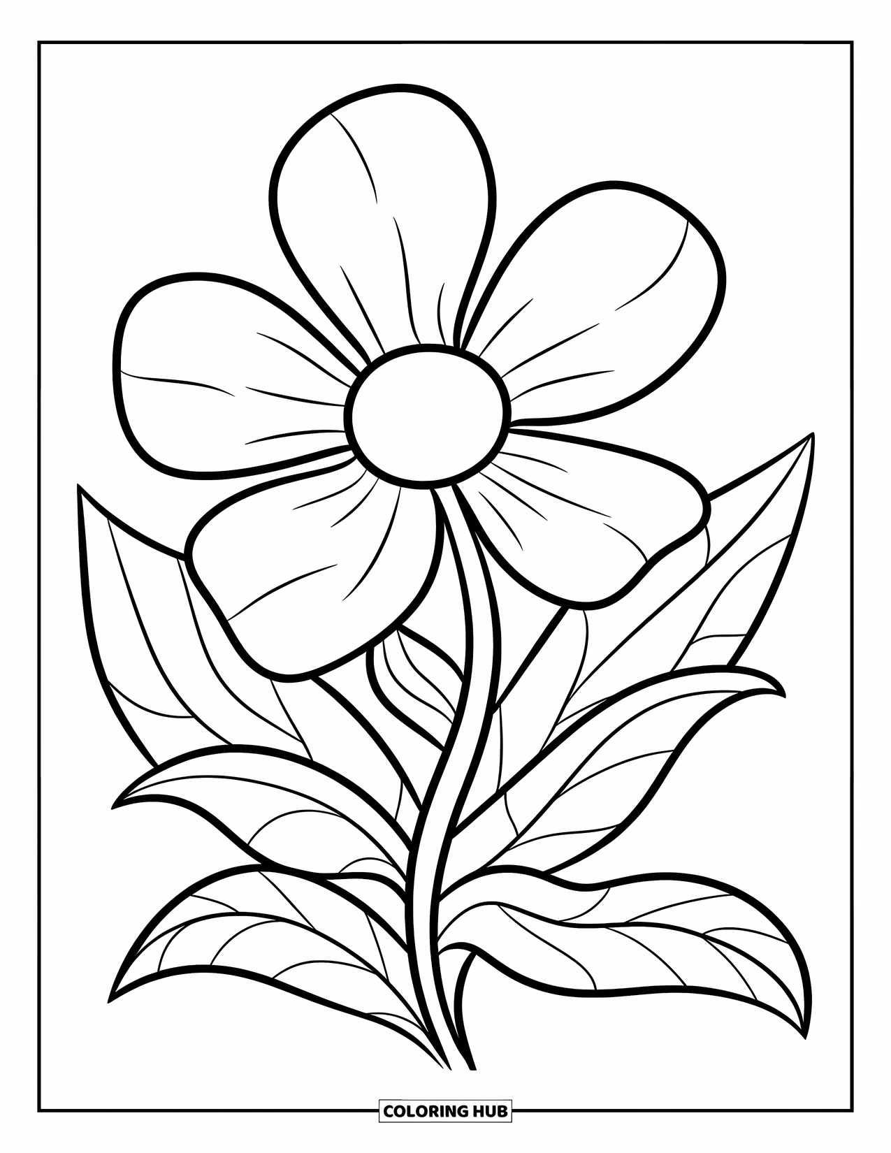 Calming Coloring Page for Kids: A friendly flower with open petals and cozy-looking leaves