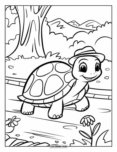Coloriage apaisant pour enfants : Une tortue souriante avec un chapeau se promène sur un chemin bordé de fleurs