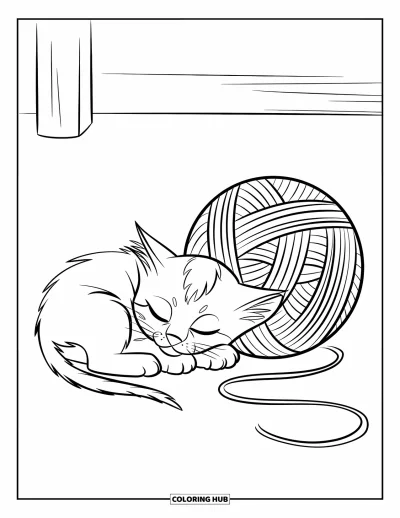 Coloriage apaisant pour enfants : Un chaton fait une sieste lovée près d'une pelote de laine