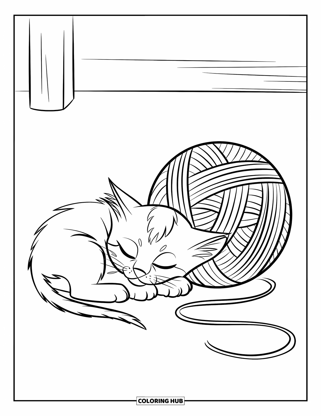Calming Coloring Page for Kids: A kitten naps curled up next to a ball of yarn