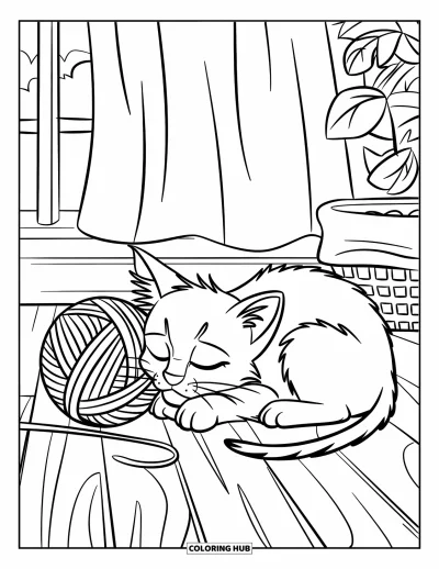 Coloriage apaisant pour enfants : Un chaton fait une sieste près de pelotes de laine avec un panier et une plante près de la fenêtre