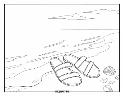 Coloriage apaisant pour enfants : Une paire de sandales repose près de douces vagues et de quelques coquillages épars