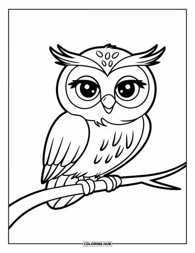 Coloriage apaisant pour enfants : Un hibou paisible aux grands yeux est assis calmement sur une fine branche