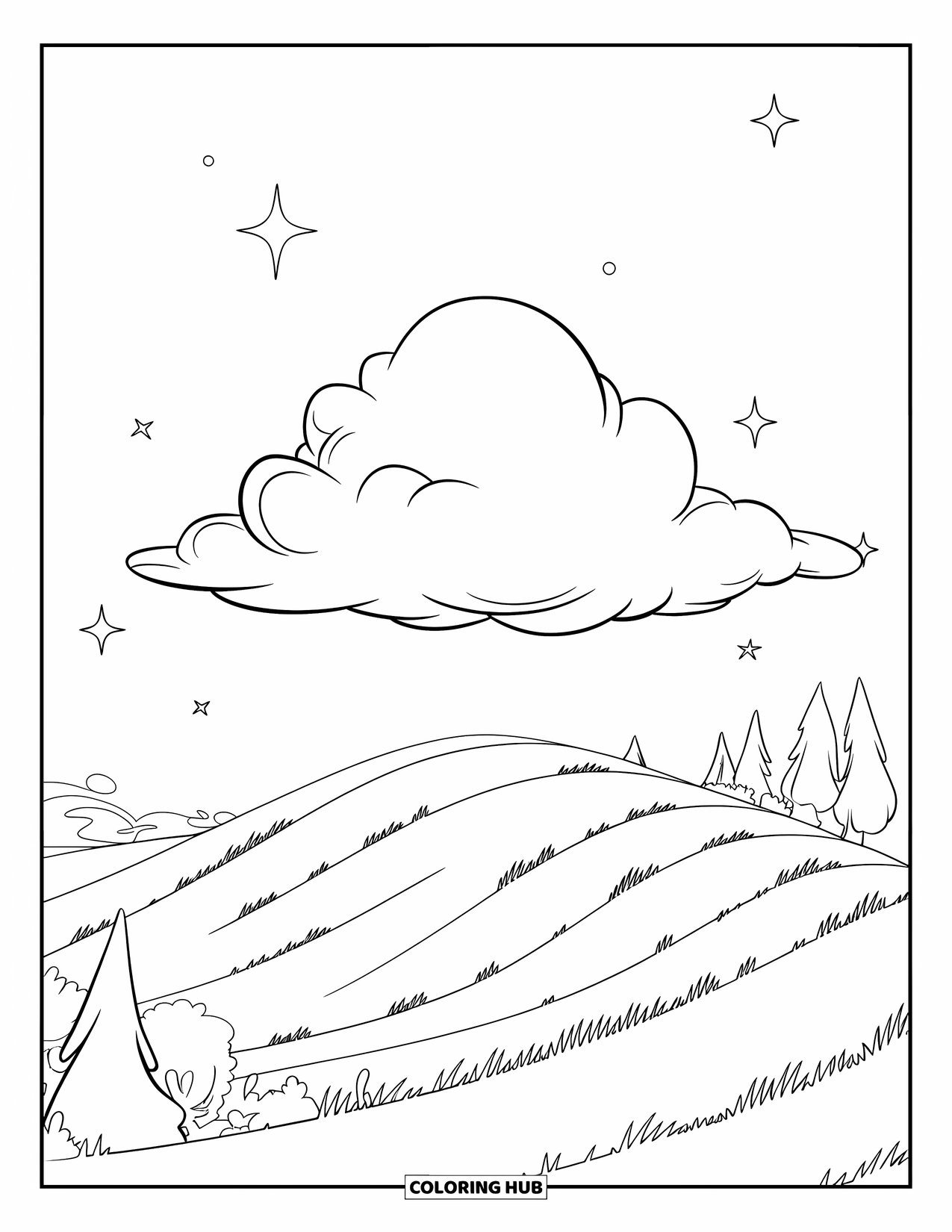 Calming Coloring Page for Kids: A single cloud floats above a gentle hill with trees below
