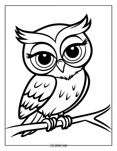 Coloriage apaisant pour enfants : Un hibou somnolent se repose tranquillement sur une petite branche