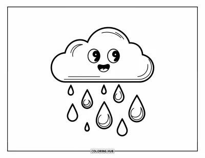 Coloriage apaisant pour enfants : Un nuage souriant laisse tomber trois gouttes de pluie en dérivant à travers le ciel