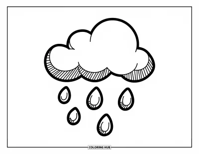 Coloriage apaisant pour enfants : Un nuage doux et gonflé laisse tomber trois grosses gouttes de pluie en dessous
