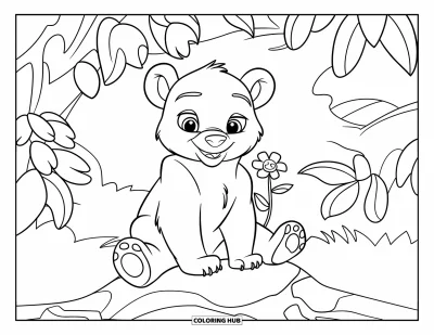 Coloriage apaisant pour enfants : Un ourson assis sur un rocher tient une fleur dans une forêt silencieuse