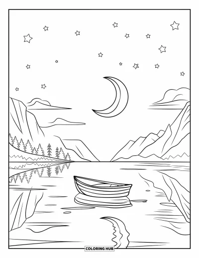 Coloriage apaisant pour enfants : Un bateau flotte sur un lac tranquille au clair de lune, avec des étoiles et des montagnes au loin