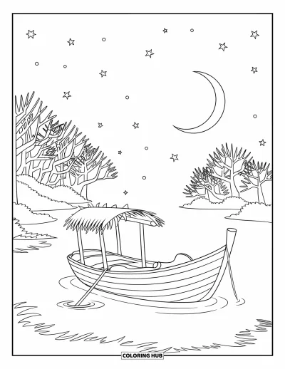 Coloriage apaisant pour enfants : Un bateau au toit de chaume repose sur une eau calme sous un ciel étoilé