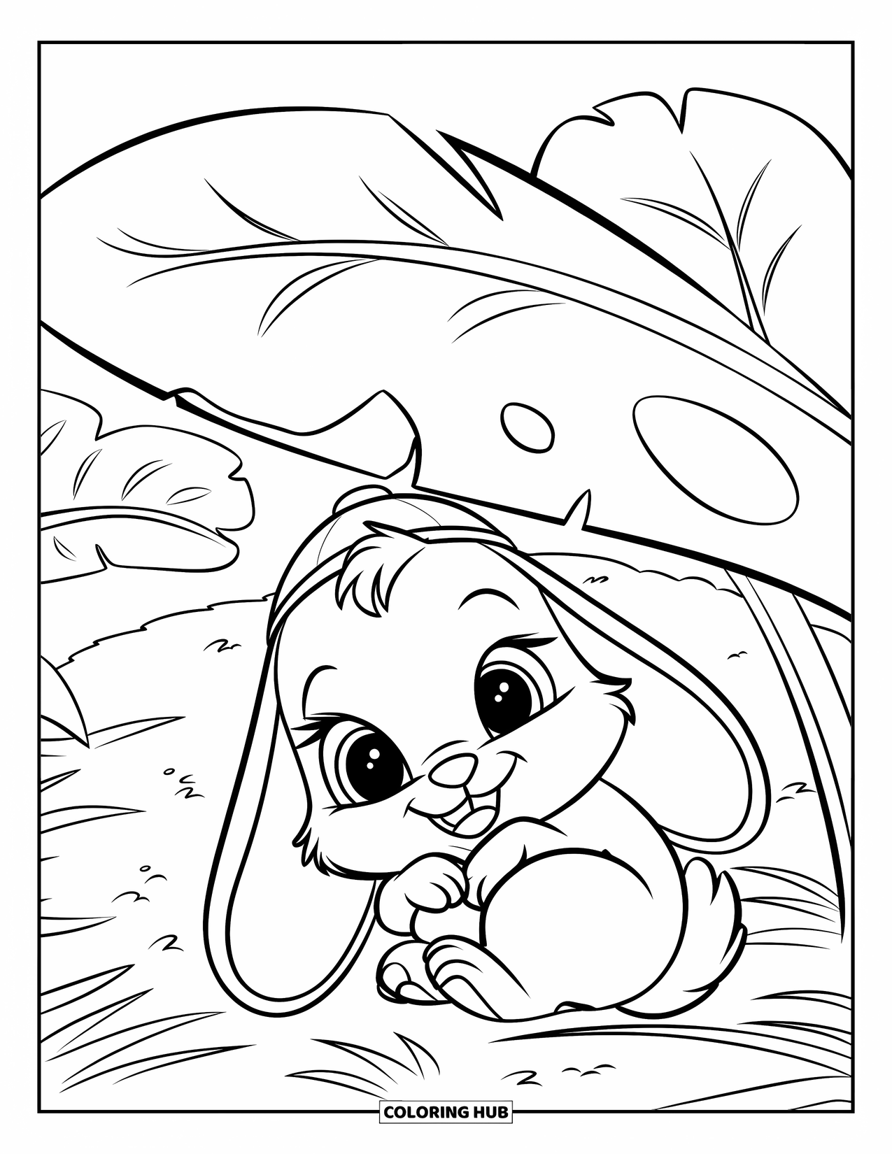 Calming Coloring Page for Kids: Bunny with a tiny hat sleeps under a leaf in a grassy field