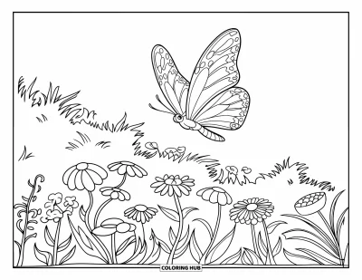 Coloriage apaisant pour enfants : Un papillon vole au-dessus d'un jardin rempli de fleurs et de feuilles ouvertes