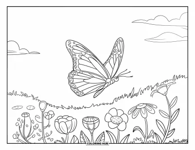 Coloriage apaisant pour enfants : Un papillon en plein vol au-dessus de fleurs épanouies et de tiges feuillues