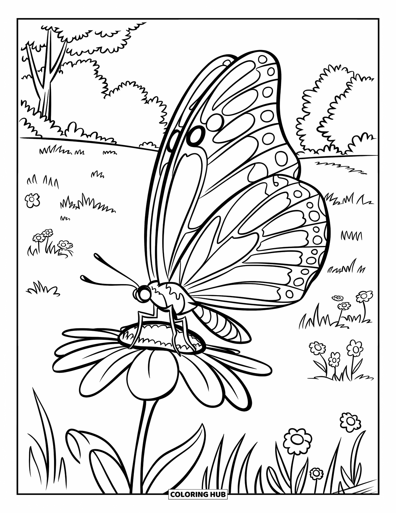 Calming Coloring Page for Kids: Butterfly with patterned wings rests on a meadow flower near trees and grass