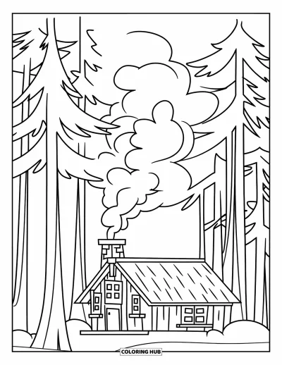 Coloriage apaisant pour enfants : Un chalet dans les bois avec de la fumée qui s'enroule de la cheminée parmi de grands arbres