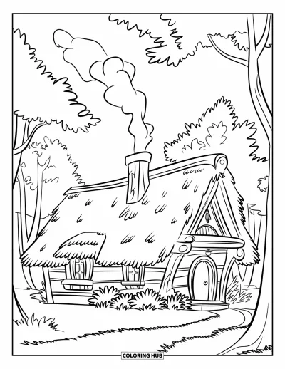 Coloriage apaisant pour enfants : Un chalet avec de la fumée qui s'élève, niché entre les arbres au cœur de la forêt
