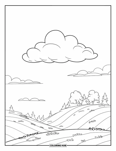 Coloriage apaisant pour enfants : Des nuages flottent au-dessus d'une colline paisible avec des arbres et un ciel ouvert