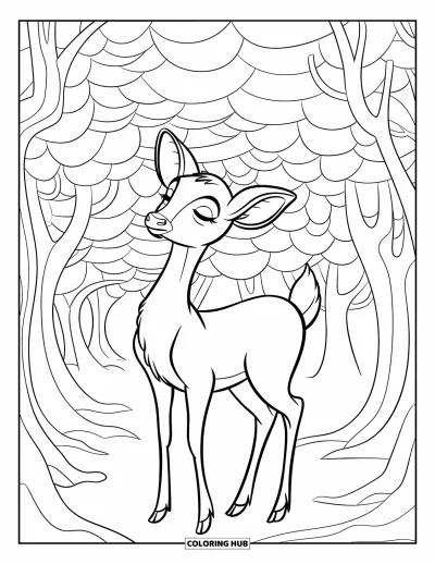 Coloriage apaisant pour enfants : Un cerf lève doucement la tête dans une forêt brumeuse aux arbres en couches