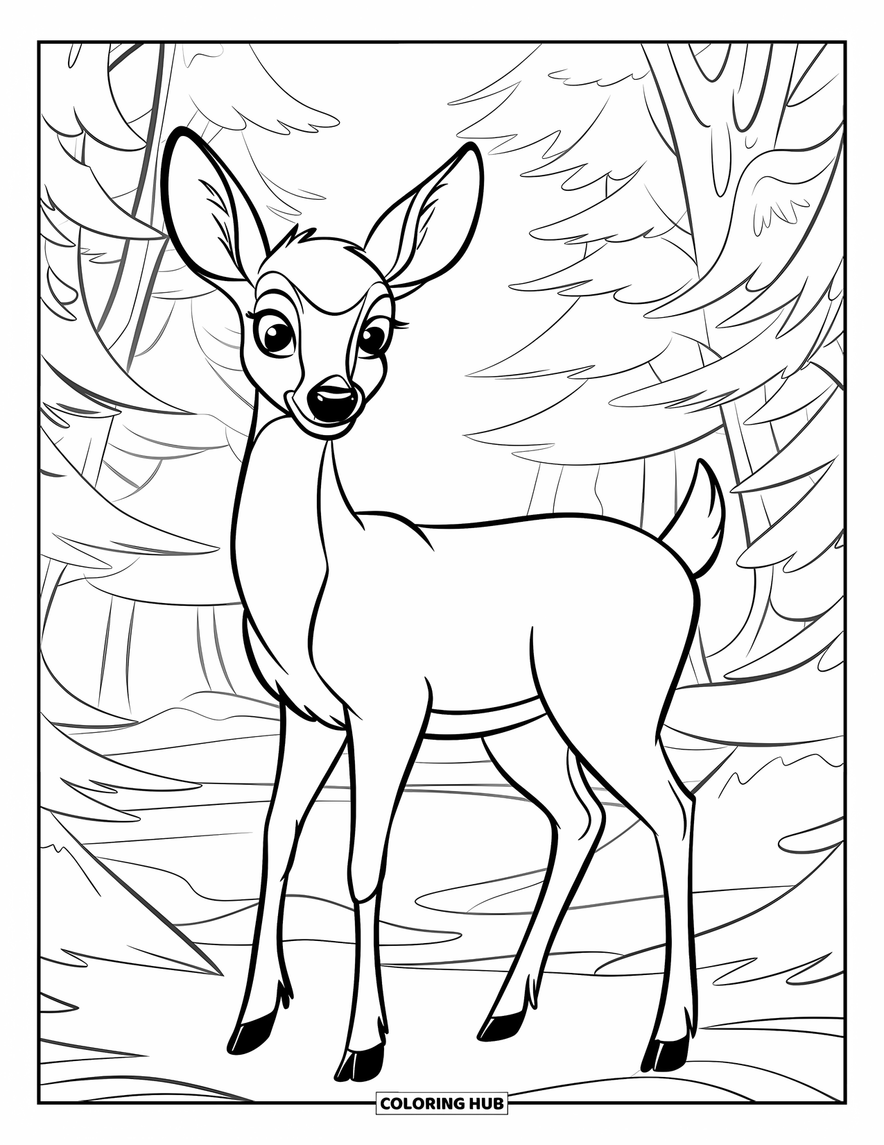 Calming Coloring Page for Kids: Deer with perked ears stands in a layered forest filled with mist