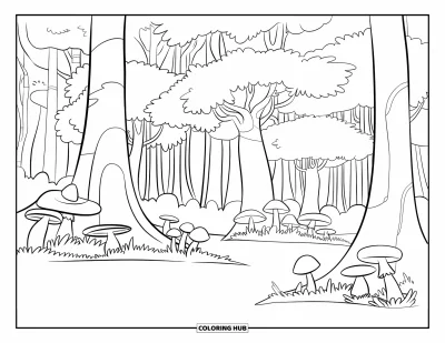 Coloriage apaisant pour enfants : Une forêt dense remplie d'arbres épais, de champignons et d'un sol tapissé de mousse