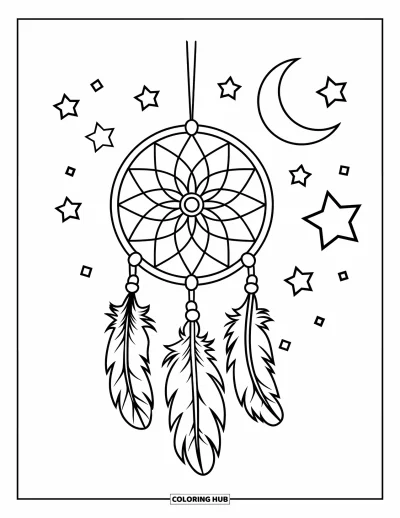 Coloriage apaisant pour enfants : Un attrape-rêves pend sous les étoiles et un croissant de lune d'une branche tranquille