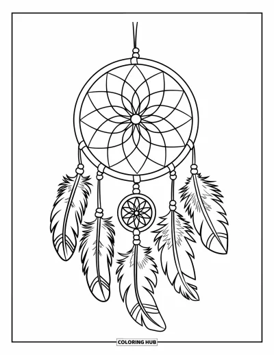 Coloriage apaisant pour enfants : Un attrape-rêves avec des plumes et un motif circulaire pend doucement d'une branche