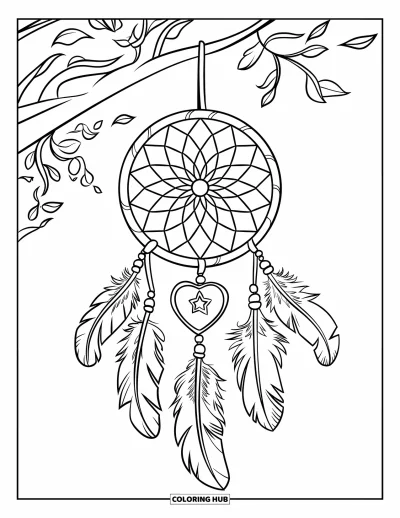 Coloriage apaisant pour enfants : Un attrape-rêves avec des plumes, une lune, un cœur et une étoile pend d'une branche