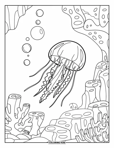 Coloriage apaisant pour enfants : Des méduses flottantes et des bulles s'élèvent au-dessus des coraux et des rochers dans la mer