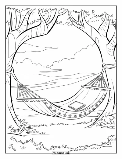 Coloriage apaisant pour enfants : Un hamac fleuri avec un livre se balance entre des arbres dans la brise de montagne