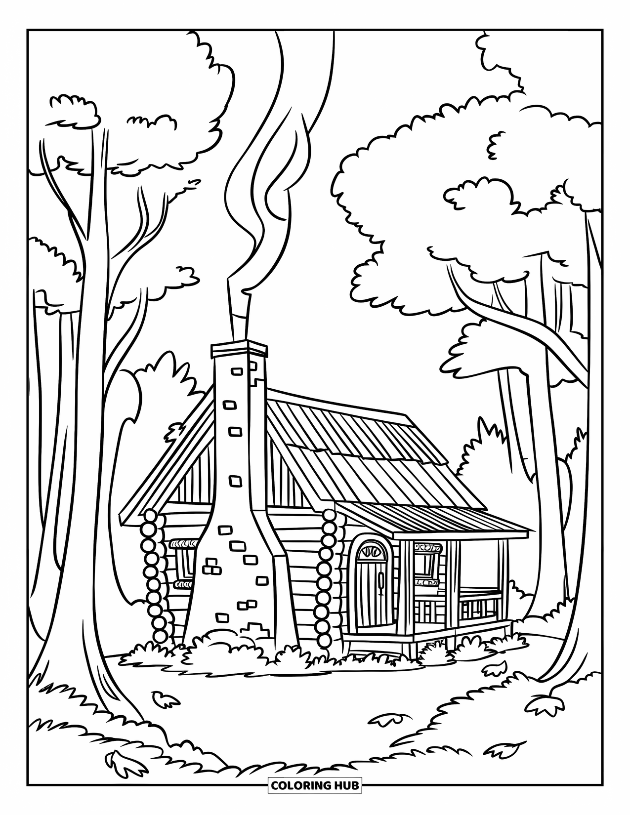 Calming Coloring Page for Kids: Forest cabin with a porch, tall trees, scattered leaves, and a chimney