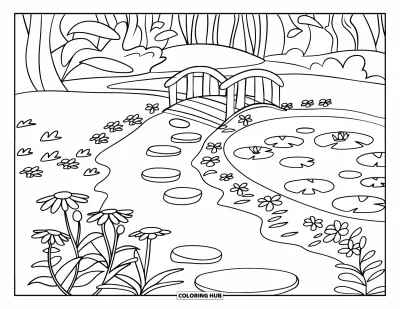 Coloriage apaisant pour enfants : Un sentier de jardin serpente près d'un bassin de lotus et de fleurs vers un pont serein