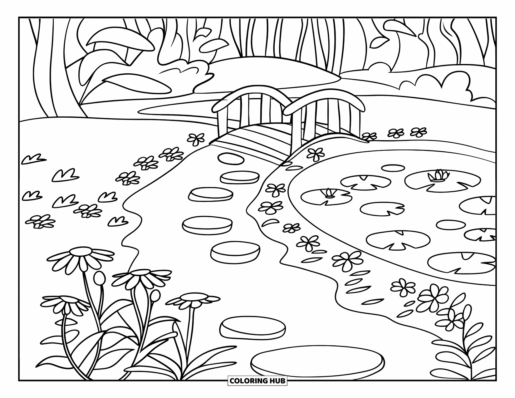 Calming Coloring Page for Kids: Garden path winds past lotus pond and flowers toward a peaceful bridge