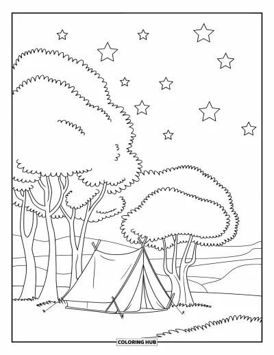 Coloriage apaisant pour enfants : Scène de tente dans l'herbe avec des arbres touffus, des collines au loin et un ciel étoilé