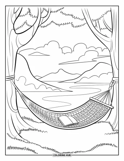 Coloriage apaisant pour enfants : Un hamac avec un livre se balance doucement entre deux arbres dans un paysage serein
