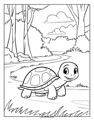 Coloriage apaisant pour enfants : Une tortue joyeuse avance lentement entre les arbres et la verdure sous un ciel serein