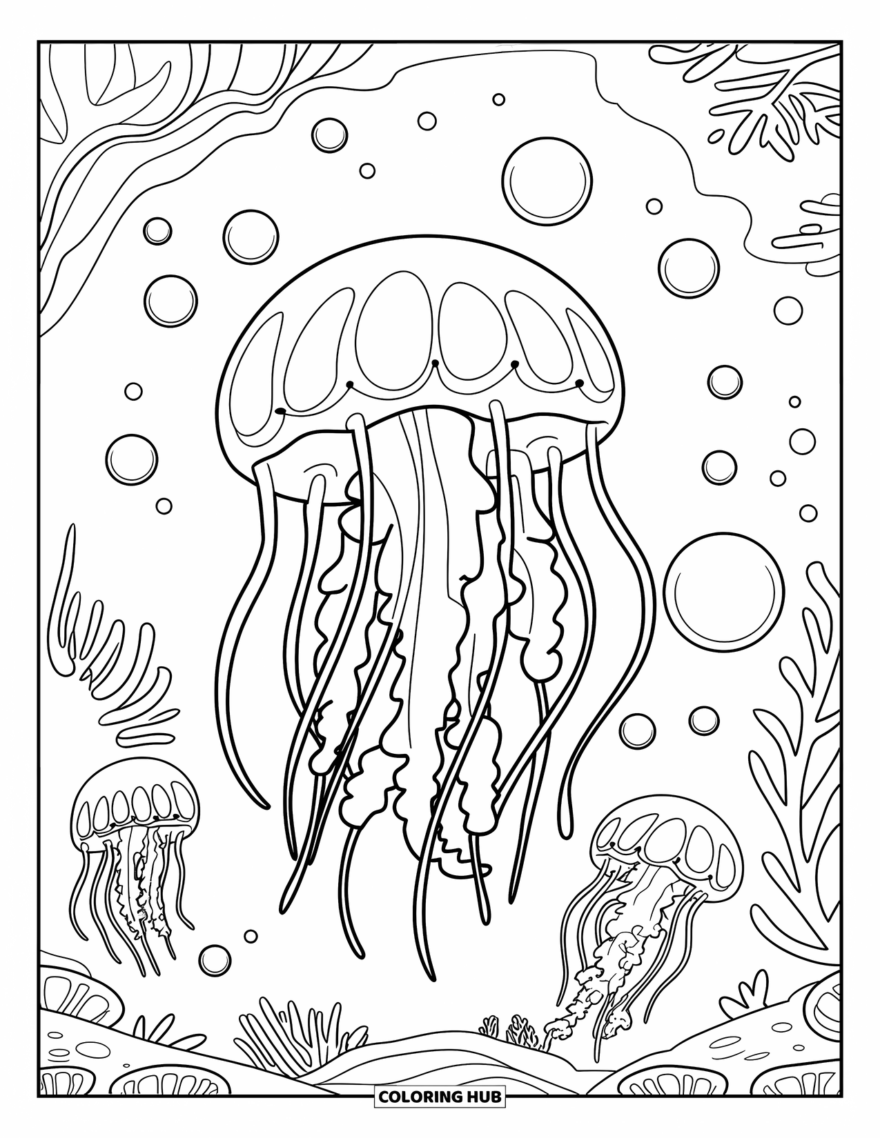 Calming Coloring Page for Kids: Jellyfish drift peacefully underwater, surrounded by bubbles and coral