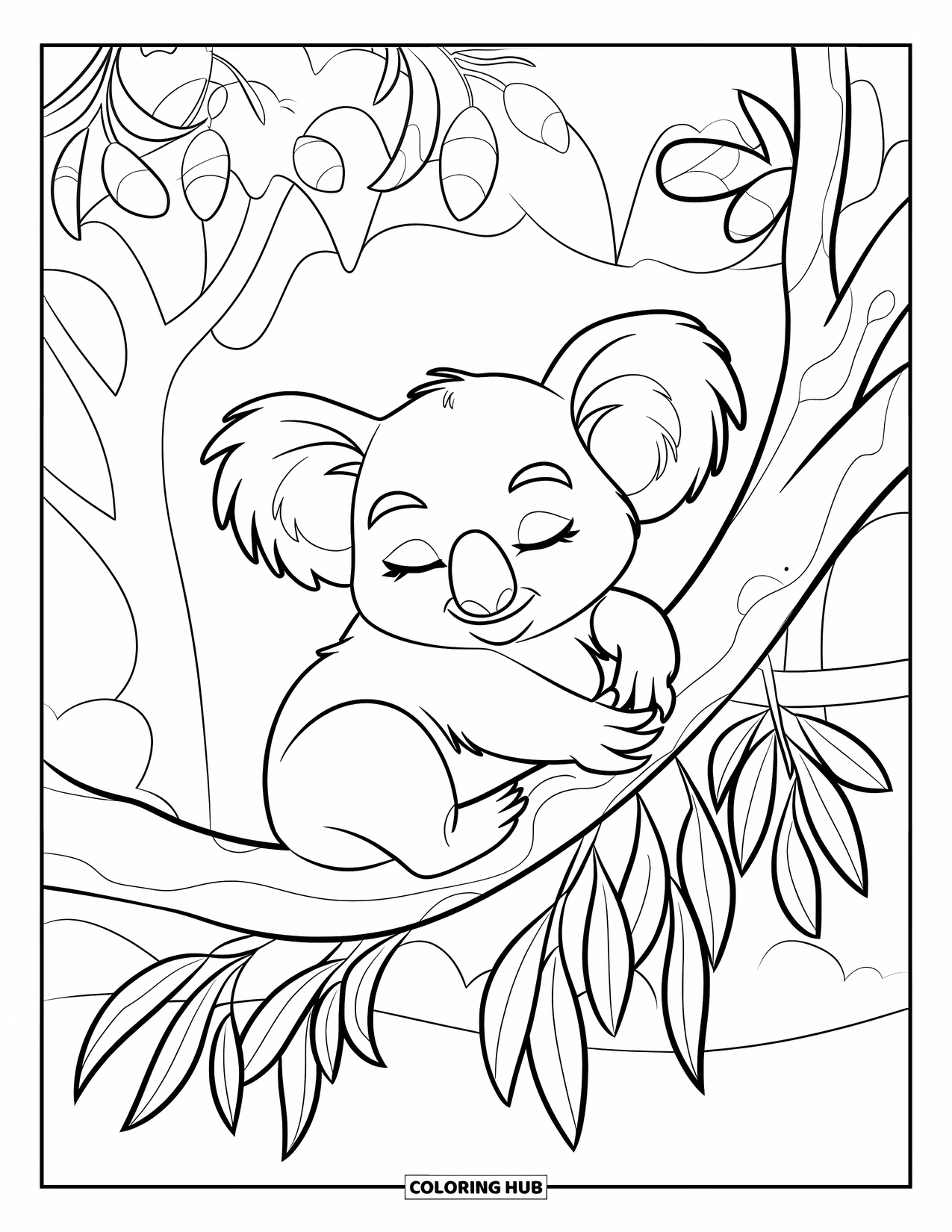 Calming Coloring Page for Kids: Koala with closed eyes sits quietly among eucalyptus leaves
