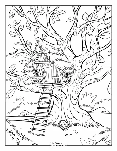 Coloriage apaisant pour enfants : Une cabane dans les arbres couverte de feuilles avec une échelle et de grosses branches tout autour