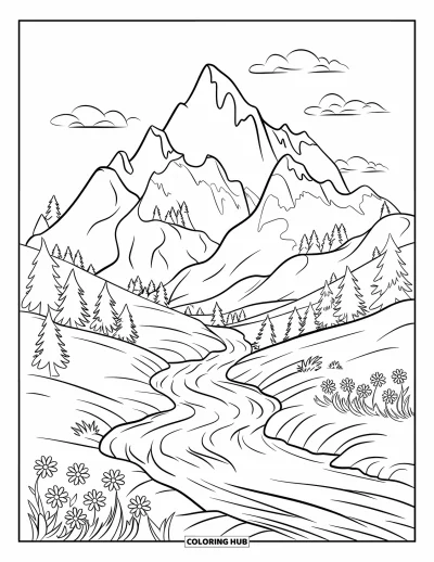 Coloriage apaisant pour enfants : Des montagnes, des huttes, des arbres et des fleurs entourent une rivière au courant doux