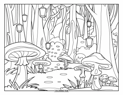 Coloriage apaisant pour enfants : Une forêt paisible avec de grands arbres, des champignons et des lanternes lumineuses