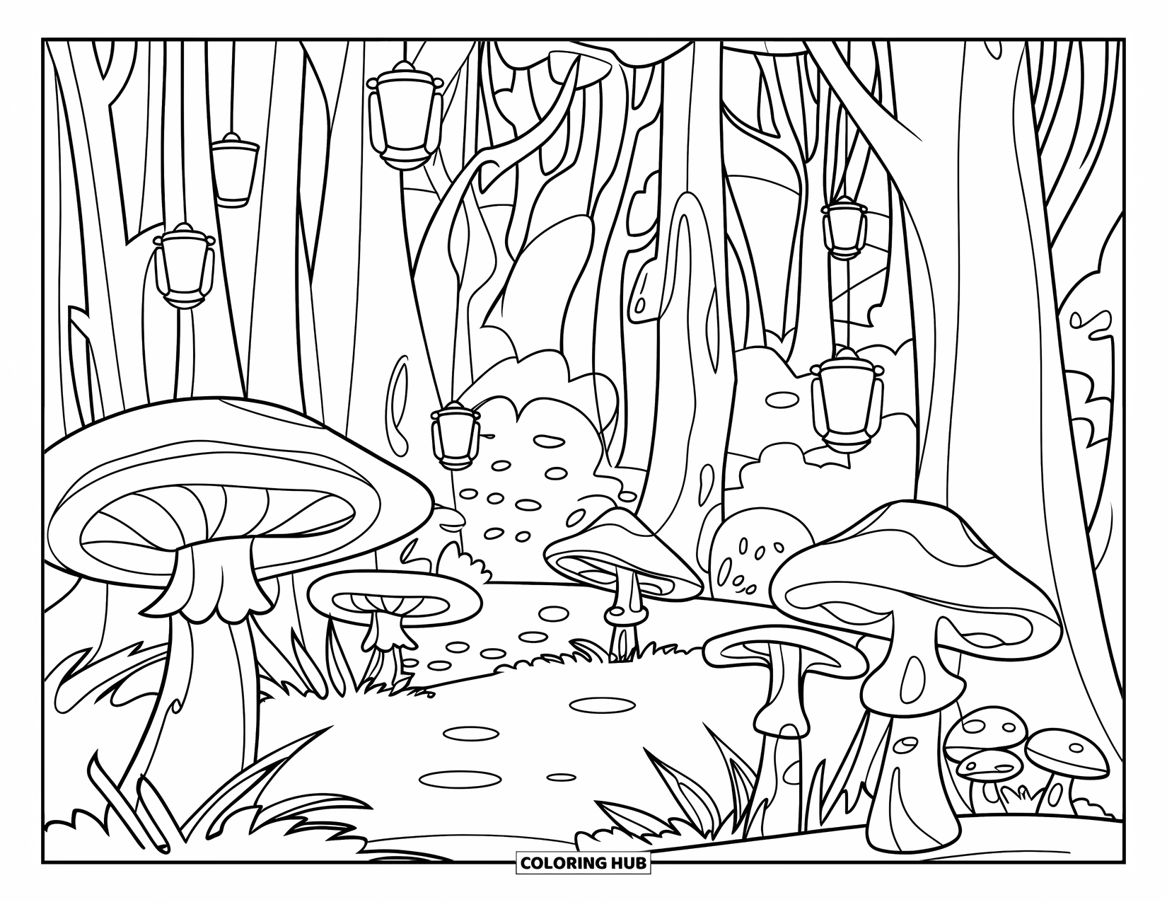 Calming Coloring Page for Kids: Peaceful forest with tall trees, mushrooms, and glowing lanterns