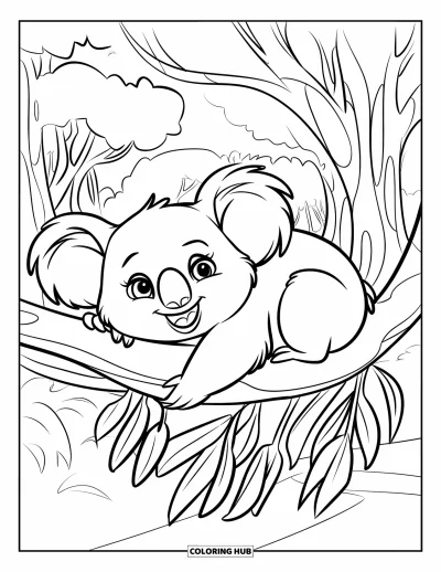 Coloriage apaisant pour enfants : Un koala à la bouche ouverte se prélasse sur une branche d'eucalyptus feuillue