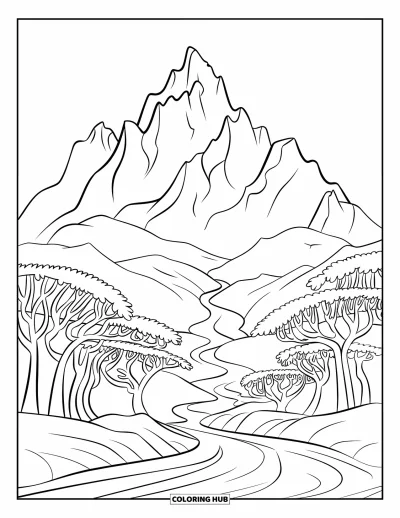 Coloriage apaisant pour enfants : Une rivière traverse des pics montagneux avec des arbres qui longent la vallée