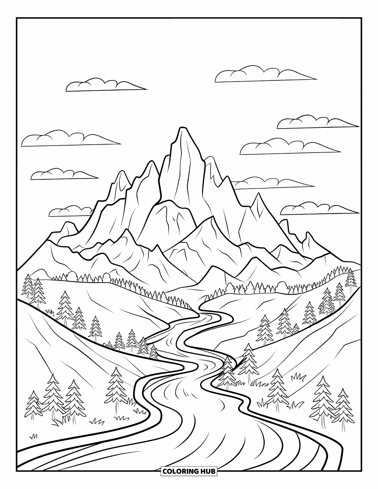 Calming Coloring Page for Kids: River winds through lush mountains dotted with trees under a calm sky
