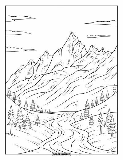 Coloriage apaisant pour enfants : Une rivière serpente à travers des arbres et des sommets enneigés sous un ciel serein